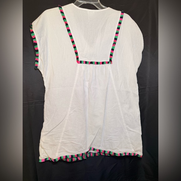 J. Crew MEDIUM Tunic Cover Up White Crepe Colorful Front V Neck Tassels Beach - Picture 8 of 9